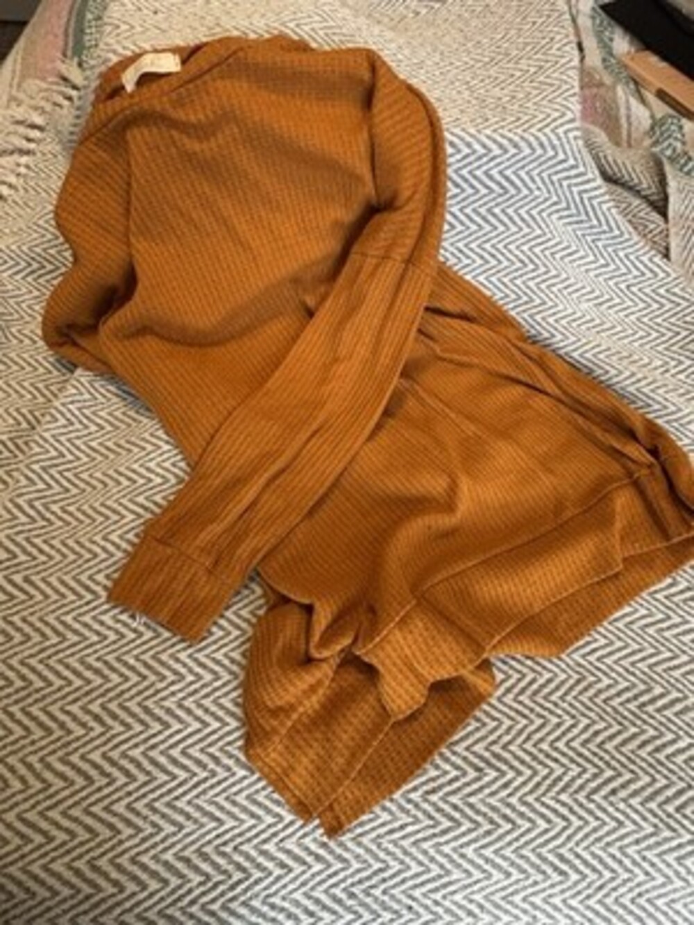 Riah Fashion Brown Waffle Long Sleeve Crew Neck Gold mustard Top M